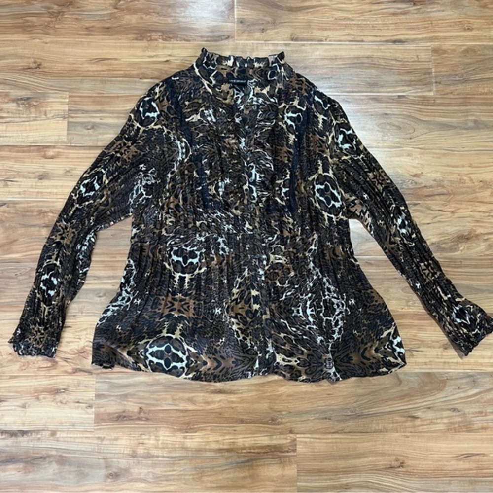 LANE BRYANT Women's Blouse 22/24 Brown Animal Print‎ Crinkle Pleated Ruffle